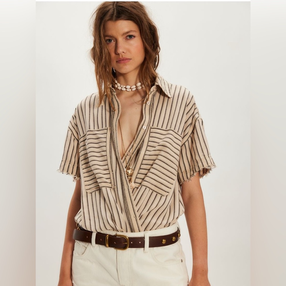 FREE PEOPLE Oversized Christopher Linen Striped Top NWT Tan